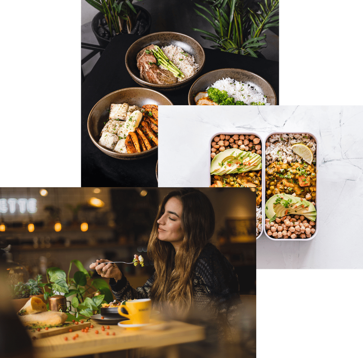 Woman enjoying food,meals in storage container and food bowls on table